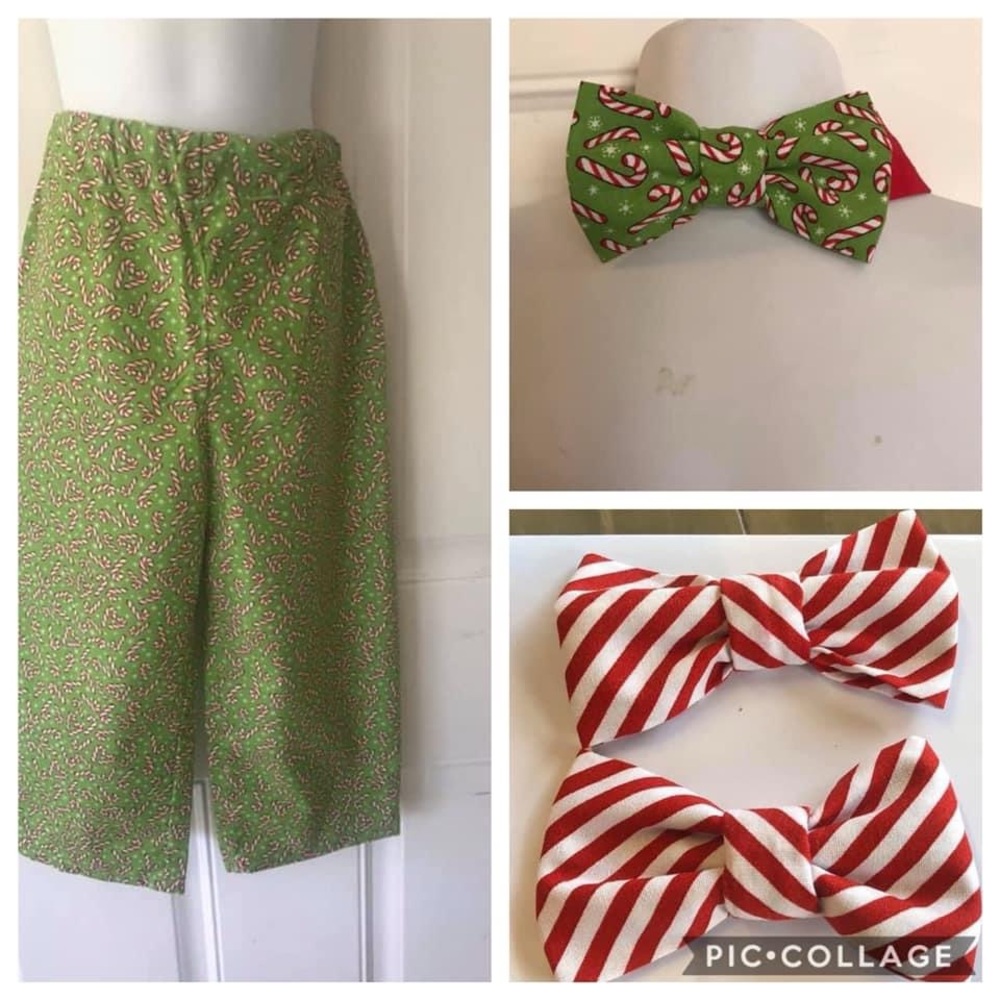 NWOT Unisex size 3 Custom Sewn green/red candy canes Christmas pants bows/tie